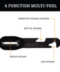 4-function multi-tool from ComplEAT Camping Utensils Set For Outdoor Cooking featuring serrated opener, peeler, bottle, and can opener.