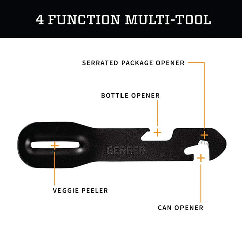 4-function multi-tool from ComplEAT Camping Utensils Set For Outdoor Cooking featuring serrated opener, peeler, bottle, and can opener.