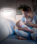 Battery Operated Motion Sensor Light For Indoor Use, Magnetic Under Cabinet Strip, Wireless Stick On Closet Night Light, Cool White Two Pack, Auto On With Movement illuminates mother in bedroom at night