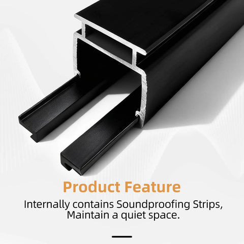 Close-up of Heavy Duty Curtain Rail System For Ceiling Or Wall Mount Twelve Point Four Feet Thickened Upgraded Black With Hooks Tough As Nails Built To Last Durable Steel Track showing internal soundproofing strips.