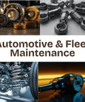 Collage of bearings, bolts, and automotive machinery parts under text 'Automotive & Fleet Maintenance'