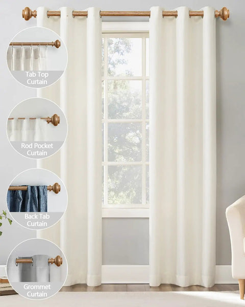 Heavy Duty Wood Look Curtain Rods For Windows 48 To 84 Inches With One Inch Diameter And Imitation Wood Grain Finials Boho Adjustable Drapery Rod displayed with various curtain styles