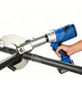 18V Battery Powered Hydraulic Wire Cutter With LED Display cutting through a metal pipe, showcasing its portable cordless design.