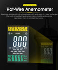 3 In 1 High Precision Digital Hot Wire Anemometer For Air Velocity And Air Flow With CFM CMM Readouts, 0.2 To 67 MPH Range, Temperature 32 To 113 F, Pro Grade Speed And Volume Diagnostics. backlit display shown