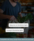 Man using Game Changing Smart Dimmer Switch with voice commands while holding a bag of groceries in kitchen.