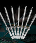 7 Piece Mini Stainless Steel Soldering Iron Tip Set For TS100 TS101 And Various Models shown on a circuit board