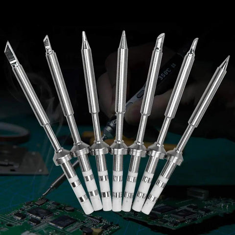 7 Piece Mini Stainless Steel Soldering Iron Tip Set For TS100 TS101 And Various Models shown on a circuit board