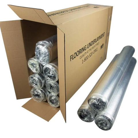 3 In 1 Vapor Barrier Flooring Underlayment Bundled With PreAttached Overlap Tape 2mm Thick rolls in box for sound dampening floor prep.