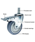 Heavy Duty Caster Wheels With Brakes, Swivel TPR Rubber Casters For Furniture, Workbenches, And Carts, 243 Lbs Load Per Wheel, Threaded Stem