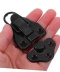 Hand holding black 8 Piece Metal Buckle Kit With Duckbilled Toggle Latch Antique Box Latch Hardware for easy fastening