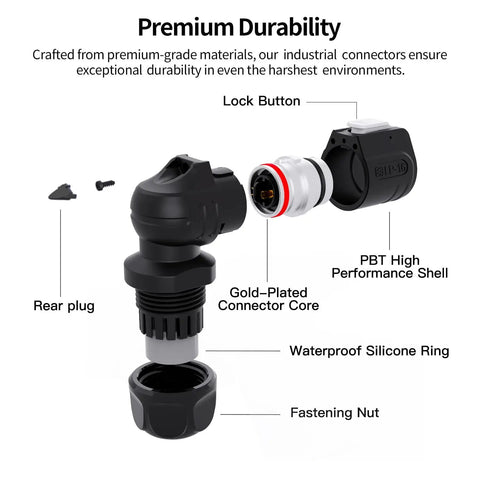 3 Pin Right Angle IP68 Waterproof Connector With Screw Assembly Easy Plug And Play No Soldering Needed Durable Outdoor Electrical Connector For Marine Automotive And DIY Projects, black PBT shell exploded view
