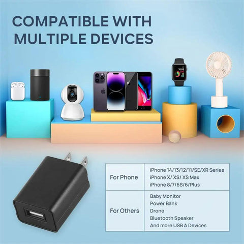 Universal Wall Charger Cube 5V 1A USB Power Adapter Fast Charge Plug for iPhone Samsung Galaxy LG and More Travel Ready Compact Charging Brick displayed with compatible devices