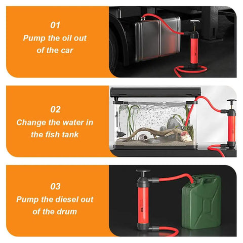 Heavy Duty Portable Siphon Pump Kit For Handheld Fluid Extractor and Universal Gasoline Oil Transfer With Hella Durable Flexible PVC in use for oil, water, and diesel.