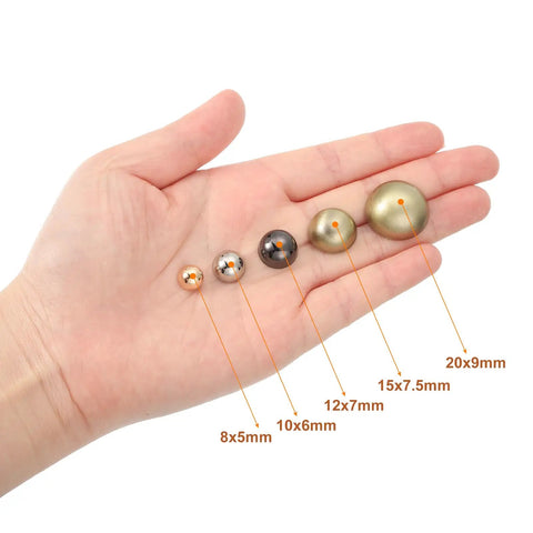 Pro Grade 10X6mm Screw Back Rivets Solid Round Head Leather Studs Spike Hardware Zinc Alloy Silver Finish 20 Piece Set displayed in hand.