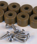 Eight brown food-grade silicone bumper feet and stainless screws for cutting boards and instruments. Five Eighth Inch Diameter Rubber Bumper Feet With Stainless Screws Food Grade Silicone Bumpers With Embedded Stainless Washers Includes Stainless Screws Available In 8 Or 24 Pack Black White Brown Perfect For Cutting Boards And Musical Instruments.