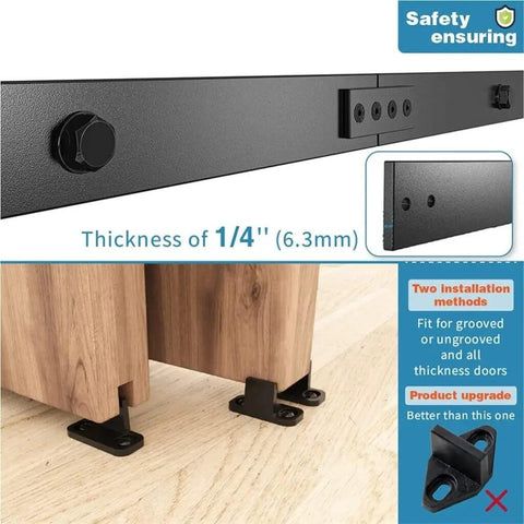 Antique Style Bypass Barn Door Hardware Kit Black Top Mounted Sliding Track System With Beefy Rollers And Rails thickness 1/4 inch
