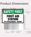 Rugged Aluminum First Aid Station Sign 8x12 Inches for Workplaces and Warehouses, Weatherproof and Rust Resistant with dimensions shown