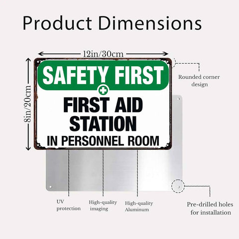 Rugged Aluminum First Aid Station Sign 8x12 Inches for Workplaces and Warehouses, Weatherproof and Rust Resistant with dimensions shown