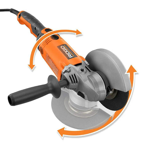 Heavy Duty 15 Amp Corded 7 Inch Angle Grinder With Adjustable Twist Handle For Pro Level Metal Cutting And Concrete Grinding Built Different With Sick Power And No Fuss Ergonomic Grip showing adjustable handle and blade.