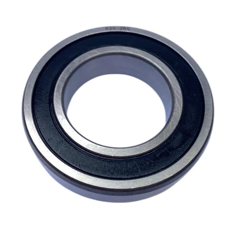 R20-2RS 1-1/4X2-1/4X1/2 Ball Bearing Chrome Steel Double Sealed C3 clearance viewed from the side, showing sealed black rubber and metal construction.