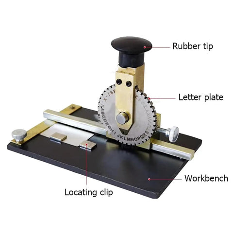Durable Manual Metal Stamping Machine For Aluminum Brass Plates showing rubber tip, letter plate, and workbench features.
