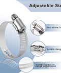 Close-up of 22 Piece Premium Stainless Steel Hose Clamp Assortment Kit For Plumbing And Automotive Use Worm Gear Clamps One Quarter To Two Inches Six To Fifty One Millimeters Versatile Small To Medium Sized Clamps For Home Workshop And Industrial Repairs with adjustable size features.