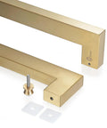 Heavy Duty Push Pull Door Handle In Stainless Steel 304 With Satin Gold Finish, 450mm 18 Inches Square Rectangle Mount For Solid Wood Timber Glass And Metal Doors, 1.2mm Wall Thickness, Boss Grade Build, angled view with hardware