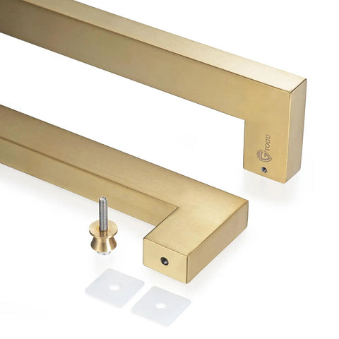 Heavy Duty Push Pull Door Handle In Stainless Steel 304 With Satin Gold Finish, 450mm 18 Inches Square Rectangle Mount For Solid Wood Timber Glass And Metal Doors, 1.2mm Wall Thickness, Boss Grade Build, angled view with hardware