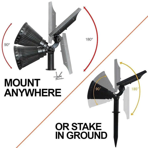 Ultra Bright Solar Spotlight 200 Lumen With 270 Degree Adjustable Waterproof Outdoor Light mounting options, wall or ground.