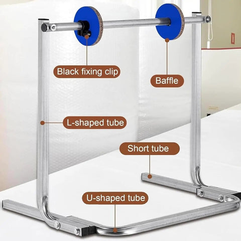 Floorstanding Bubble Wrap Roll Dispenser Heavy Duty Vertical Packaging Stand features labeled parts including fixing clip and U-shaped tube.