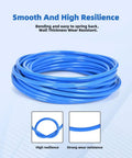 Coiled blue polyurethane tubing showcasing high resilience and wear resistance for Blue PU Air Line Tubing Kit With One Quarter Inch OD And One Sixth Inch ID 39.4 Feet 12 Meters Includes 14 Fittings And Pipe Cutter Flexible Pneumatic Tubing For Air Tools Or Fluid Transfer Durable Polyurethane High Flexibility.