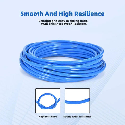 Coiled blue polyurethane tubing showcasing high resilience and wear resistance for Blue PU Air Line Tubing Kit With One Quarter Inch OD And One Sixth Inch ID 39.4 Feet 12 Meters Includes 14 Fittings And Pipe Cutter Flexible Pneumatic Tubing For Air Tools Or Fluid Transfer Durable Polyurethane High Flexibility.