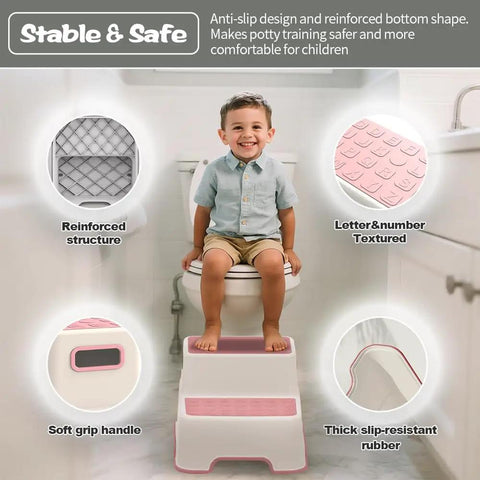 Top Shelf Two Pack Todder Step Stool For Bathroom Sink With Non Slip Rubber Base That Provides Zero Hassle Stability And Helps Kids Grab Their Toothbrush Like A Pro, showing a child using a sturdy, anti-slip step stool.