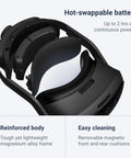 Focus Vision XR Headset Bundle With DisplayPort PC VR Streaming Kit showing hot-swappable battery and reinforced magnesium alloy frame.