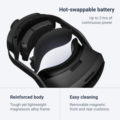 Focus Vision XR Headset Bundle With DisplayPort PC VR Streaming Kit showing hot-swappable battery and reinforced magnesium alloy frame.