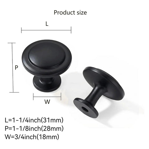 Modern Matte Black Cabinet Knobs 10 Pack 1 1/4 Inch Built Different Zinc Drawer Hardware size measurements displayed.