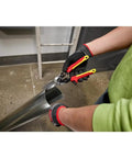 Heavy Duty Long Cut Aviation Snips With Rock Solid Chrome Blades Bolt Lock Tech And Comfy Cushion Grips For Smooth Shear Cuttin No Sweats Sheet Metal Work Jobsite Ready Gear Featuring Safe One Hand Lock And Bright Painted Handles cutting through a metal pipe.