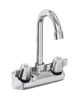 Commercial Wall Mount Kitchen Faucet With Two Handles 4 Inch Center Set Swivel Gooseneck Spout Chrome Finish front view