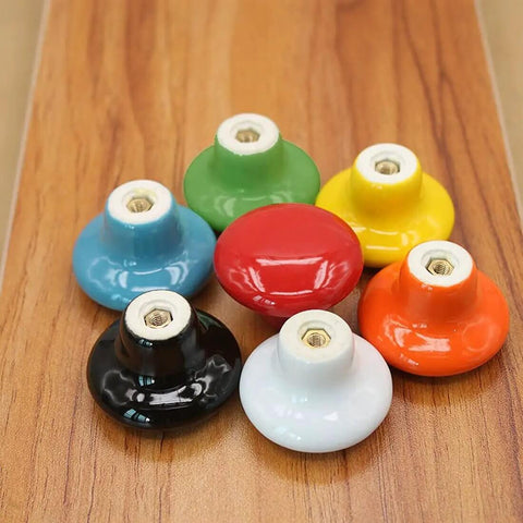 Absolute Game Changer Ceramic Mushroom Drawer Knobs And Cabinet Pull Handles Killer Aesthetic For Dressers And Kitchen Cupboards Rugged 15 Piece Set With Screws, colorful ceramic knobs on wooden surface.