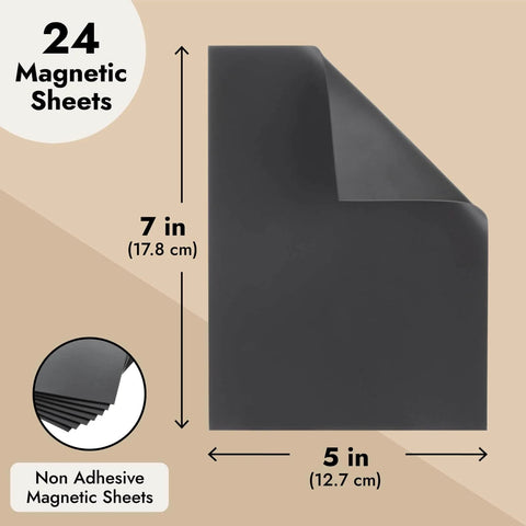 24 Pack Non-Adhesive Magnetic Sheets For Die Cuts, 5x7 Inches, DIY Craft Storage, Image Showing Sheet Dimensions and Material