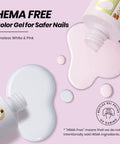 French Tip Gel Polish Peach Mousse 15ml Kit With French Tip Stamp, HEMA-Free White And Light Pink Gels spilled on a surface