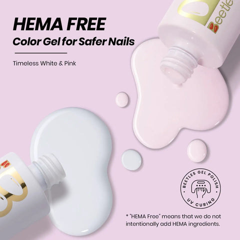 French Tip Gel Polish Peach Mousse 15ml Kit With French Tip Stamp, HEMA-Free White And Light Pink Gels spilled on a surface
