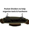 Rugged Pro Tool Belt With Tan And Green Comfort Rig showing pocket dividers for tools; iron buckles visible