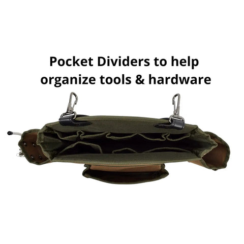 Rugged Pro Tool Belt With Tan And Green Comfort Rig showing pocket dividers for tools; iron buckles visible