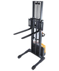 Powerful 3300 Lb Capacity Electric Pallet Stacker With Drive And Lift Features Adjustable Forks positioned for lifting.