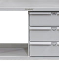 Heavy Duty Steel Top Workbench With Three Drawers And Storage Shelf Built Like A Tank For Rough Garage Use And Daily Packing Duties 60 Inch Wide Shop Grade Steel Bench with gray finish and three drawers.