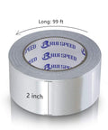 Roll of heavy duty aluminum foil tape, 2 inch wide, visible logo, for HVAC ducts, labeled 99 ft length displayed.