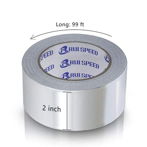 Roll of heavy duty aluminum foil tape, 2 inch wide, visible logo, for HVAC ducts, labeled 99 ft length displayed.