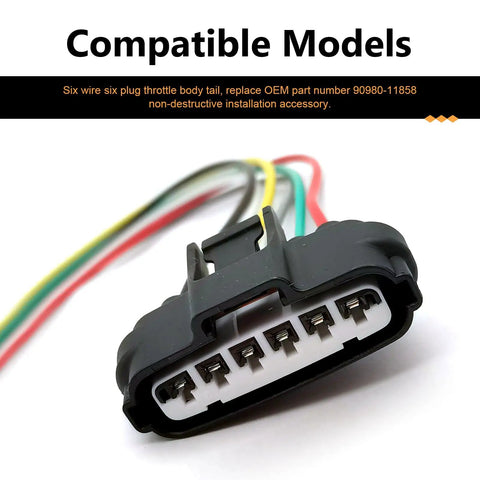 Close-up of 2-Pack 6-Pin Throttle Body Pigtail TPS Repair Connector Kit, showing 6-way sensor wiring harness plug, replaces 90980-11858.