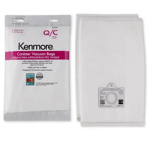 Style Q HEPA Vacuum Bags For Canister Vacuums, 2 Pack, Easy Install, shown with packaging and individual bag.